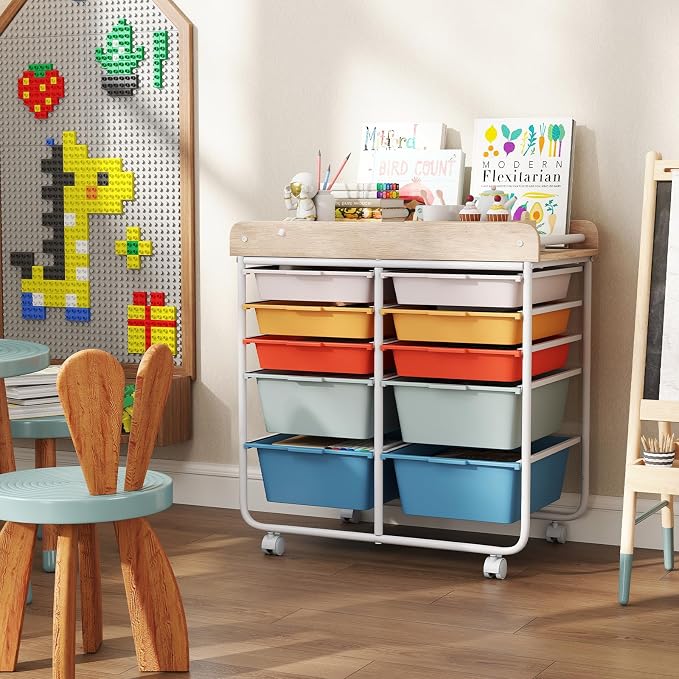 Giantex Rolling Storage Cart with 10 Drawers, Utility Cart w/Wooden Tabletop, Handle, Lockable Wheels, Multipurpose Organizer for Art Craft Scrapbooks Paper, Drawer Carts for School Office, Macaron