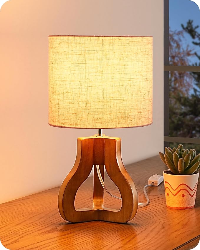 EDISHINE 14.6" Modern Table Lamp, Rose Wood Base Nightstand Lamp, E26 Base | Beige Linen Shade, On-Off Line Switch, Small Cute Bedside Lamp for Living Room, Bedroom, Office