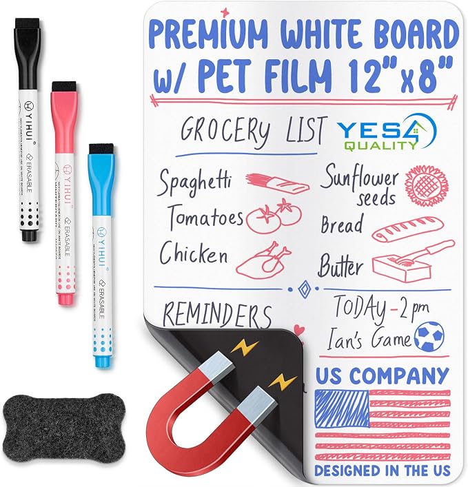 YES4QUALITY Magnetic Dry Erase White Board Sheet for Fridge 12x8 in, with Stain Resistant Technology, Includes 3 Markers and Big Eraser with Magnets, Small Refrigerator Whiteboard Planner