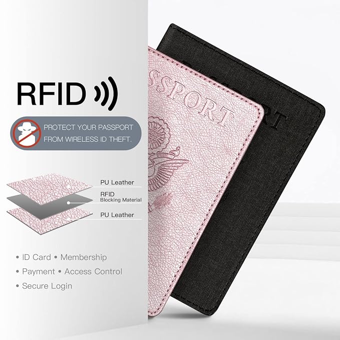 2 Pack Passport & Vaccine Card Holder - Pink&Black RFID Blocking Travel Must Have