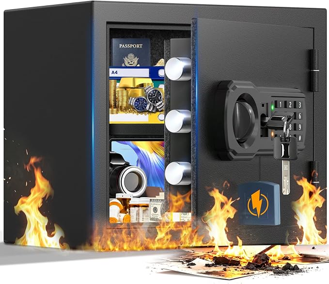 Small Fireproof Safe Box | 1550℉ 35-Min Real Test Fire Safe | 1.2 Cuft Safe | 22Lbs Heavy Fire Money Safe | 3 Quick Access Unlock & Removable Shelf | Anti-Theft Alarm & Wall Mount | for Home Office Cash