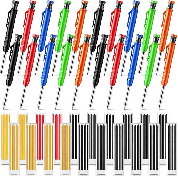 Sabary 20 Pcs Solid Carpenter Pencils with 120 Pcs 2.8mm Refills Long Nosed Deep Hole Mechanical Pencil Marker Construction with Built in Sharpener for Woodworking Drafting Architect Tool