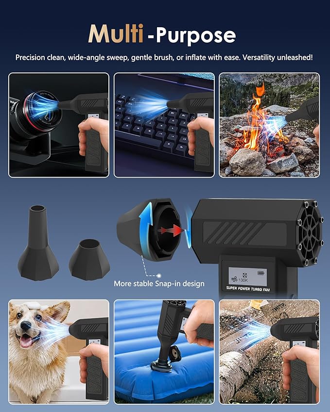 Electric Air Duster - OVVGO Compressed Air Duster Cordless Air Blower Rechargeable, 130000RPM 4-Gear Adjustable Dust Blower with LED Light Portable Duster for Cleaning Computer Keyboard Car Outdoor