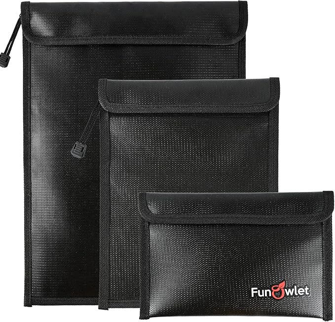 Fireproof Waterproof Money Document Bag, 3Pack Safe Pouch | Fire and Water Resistant ,Zipper Storage Organizer, for Important Papers, Cash, Passports, Jewelry & Electronics, Black