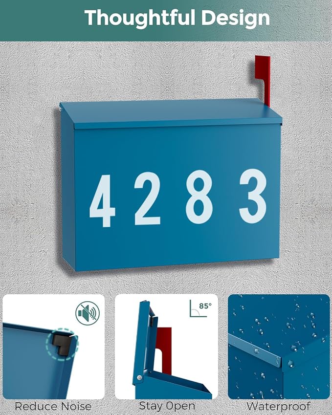 LAND·VOI Wall-Mount Mailbox with One Flag Kit and Three Sets of 0-9 Mailbox Number Stickers, Mailboxes for Outside, Galvanized Steel Rust-Proof Metal Post Box, 4.33" Dx14.2 Wx10.43 H, Blue