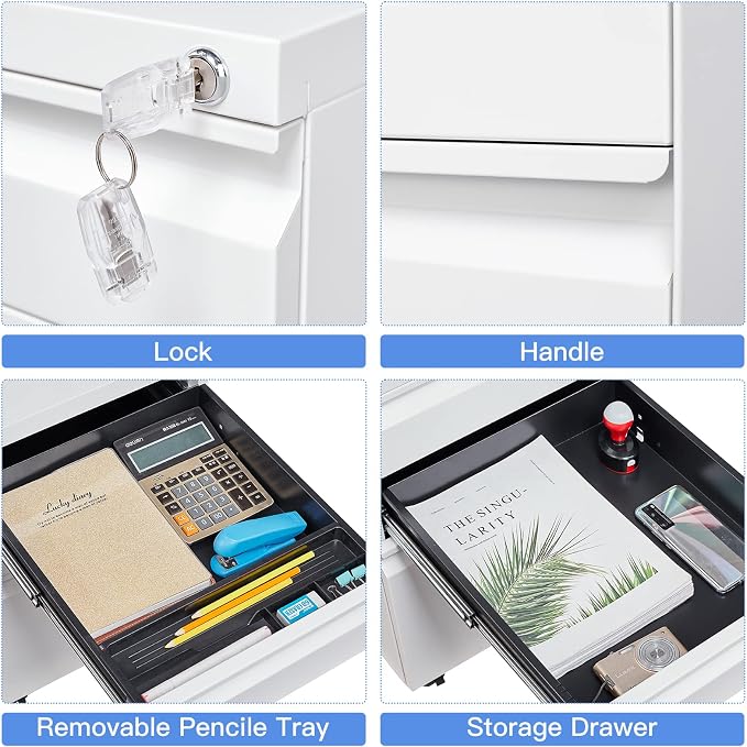 3 Drawer Mobile File Cabinet with Lock, White Under Desk Rolling Filing Cabinet, Metal Locking File Cabinet on Wheels for Legal/Letter/A4 File (Required Assemble)