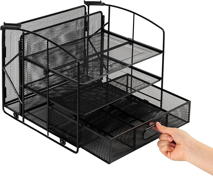 Amazon Basics Rectangular Desk Organizer 3 Tray w/Sliding Drawer and Hanging File Holder, Black