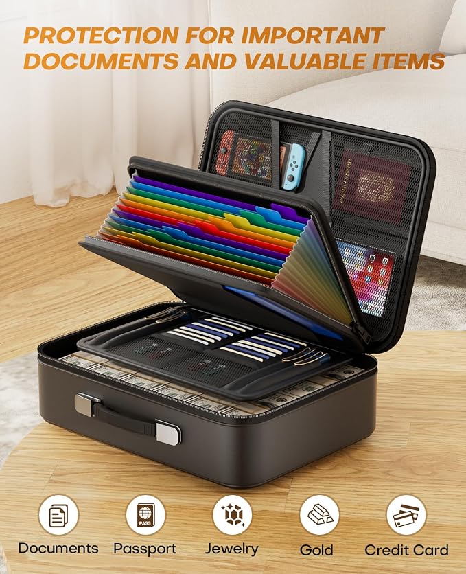 Fireproof Document Box with Lock, Hard Case Safe Box Water Resistant Document Organizer for Important Documents, Passports, Certificates & Cash, Portable File Storage for Home Office, Black