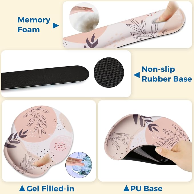 Mouse Pad and Keyboard Wrist Rest Support,Ergonomic Mouse Pad Set | Mousepad With Coaster and Non-Slip PU Base,Pain Relief for Desk Desktop Gaming, Computer,Office -Beach