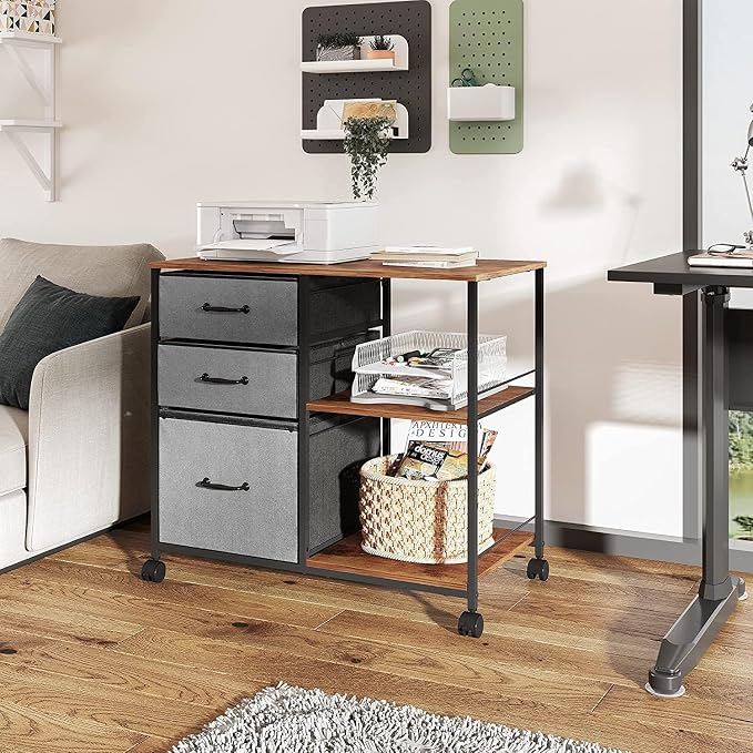 DEVAISE 3 Drawer Mobile File Cabinet with Open Storage Shelf | Rolling Printer Stand, Fabric Lateral Filing Cabinet fits A4 or Letter Size for Home Office, Rustic Brown and Gray