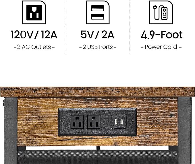 TUTOTAK C Shaped End Table with Charging Station, Side Table for Sofa | Couch Table with Storage Bag, TV Tray with 2 USB Ports and Outlets, Set of 2, Living Room and Bedroom, Brown TB01BB0242