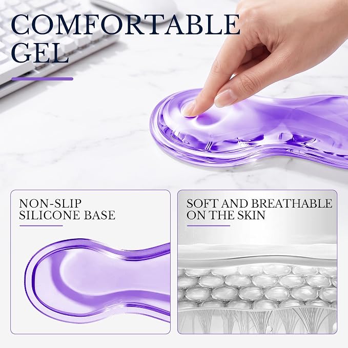 Keyboard Wrist Rest & Ergonomic Mouse Pad with Wrist Rest Set, Cute Transparent Gel Wrist Rest for Keyboard and Mouse, Soft Support for Pain Relief, Office, Gaming Desk Accessories（Purple）