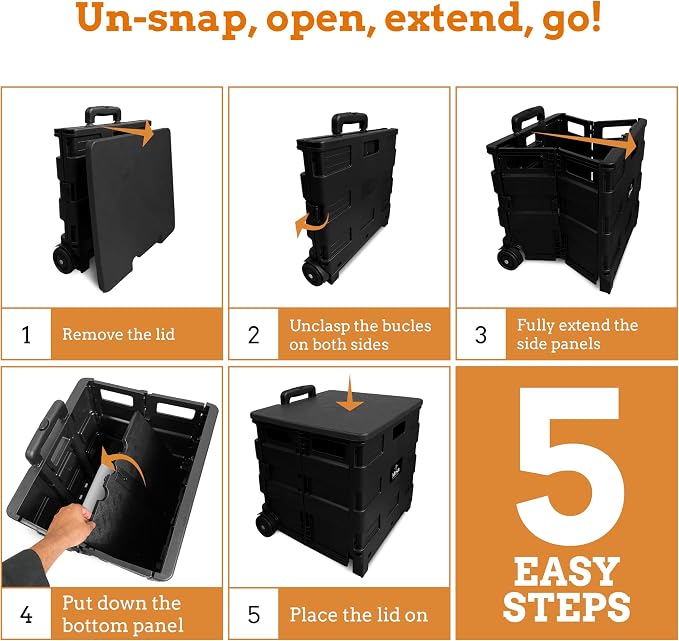 Collapsible Ultra-Slim Pack-N-Roll,2 Wheel Utility Cart w/Lid used as Seat up to 250 Lbs, Telescopic Handle - Super Strong, for Home, Garden, Shopping, Office, School use, Large, Black