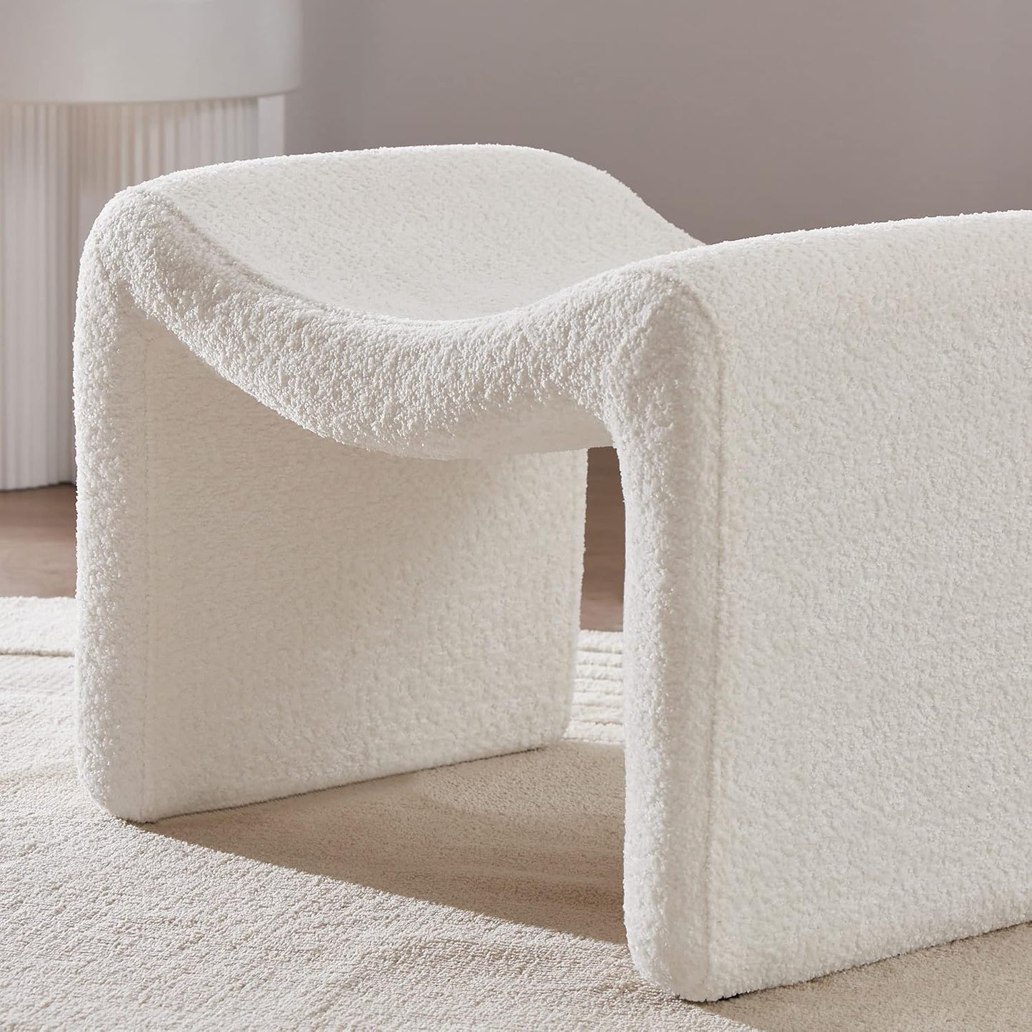 Modern Boucle Ottoman, Vanity Stool Chair, Foot Stool with Wooden Legs Sofa Bench Footstool Extra Seat for Vanity, Makeup Room, Living Room, Entryway, Set 2, White