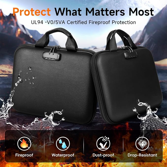 Fireproof Document Box with Lock, Waterproof Hard-Shell File Organizer with 13-Pocket Accordion Folder & Multi-Compartments for Laptop, Documents, Passports & Valuables