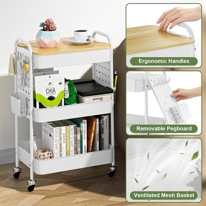 3 Tier Rolling Cart with Table top, Metal Utility Cart with DIY Pegboard | Sturdy Storage Organizer Cart with Locking Wheels,Hooks& Cups for Office, Classroom, Kitchen and Bathroom, White