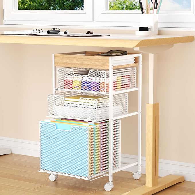 SWTYMIKI Rolling File Cart with Drawers - 4 Tier Under Desk Storage Craft Rolling Organizer Cart - Office Storage &Organization, Mobile Metal Filing Cabinet for Office and Home White