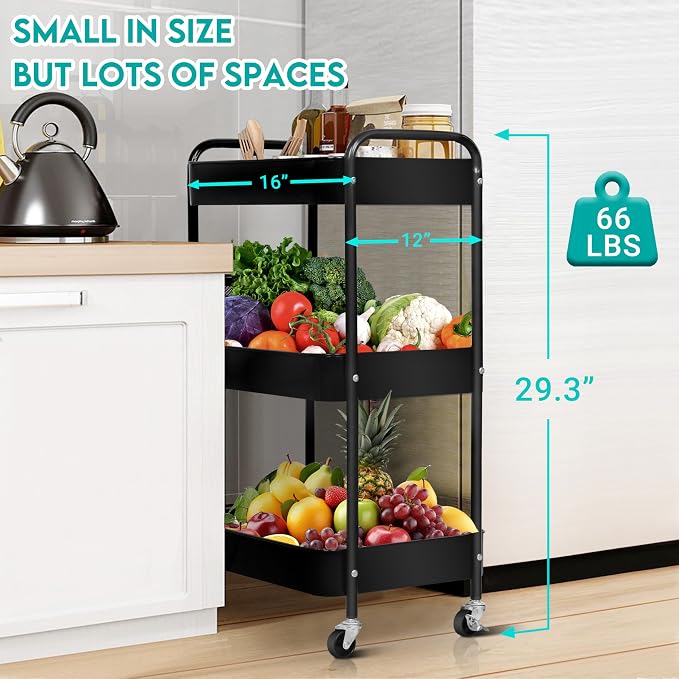 ZOES HOMEWARE 3 Tier Metal Rolling Cart on Wheels,Heavy Duty Utility Cart | Sturdy 3 Tiered Rolling Storage Cart With Hooks, Great For Craft, Art Workspace, Kitchen ,Snack And Office Storage, Black