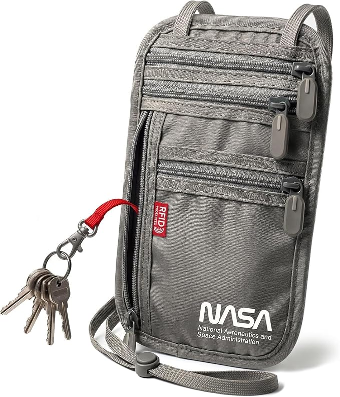 NASA Neck Wallet with RFID-Secured Passport Protection (Lunar Grey) | Slimline Design | Official NASA Insignia | RFID Protection | Key Carabiner | Water-Resistant | Breathable Mesh