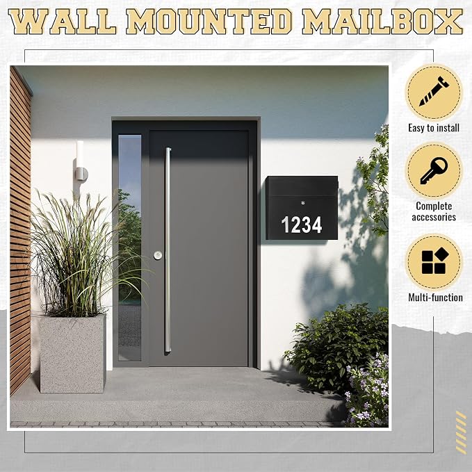 Yaocom Extra Large Wall Mount Mailboxes for Outside 18 x 16.5 x 7 Inches Locking Security Mail Box Galvanized Steel Wall Mailbox Large Capacity Post Box with Key Lock and Reflective Stickers(Black)
