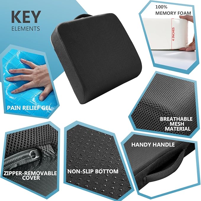 YOUFI Extra Thick Large Seat Cushion with Extra Cover, Gel Memory Foam Cushion with Carry Handle Non Slip Bottom, Pain Relief Coccyx Cushion for Office Chair, 19''x17.5''x4'' (Black Cover)