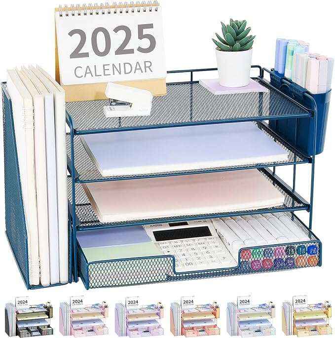 Desk Organizer, 4-Tier Desktop File Organizer with Drawer and Pen Holders, Office Desk Accessories, File Sorters, Workspace Organizers for Office Supplies(Dark Blue)