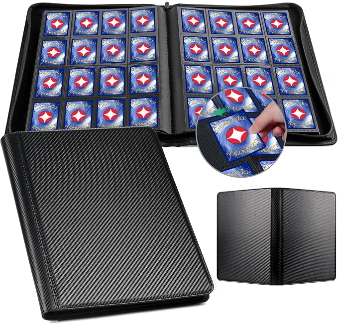 GEAoffice 16 Pocket Trading Card Binder for 1000+ Cards, Ringless Side-Loading 4x4 Card Binder with Zipper Closure, PU Leather 1024 Card Binder for MTG/TCG/Baseball/Sports&Game Cards, Carbon Black