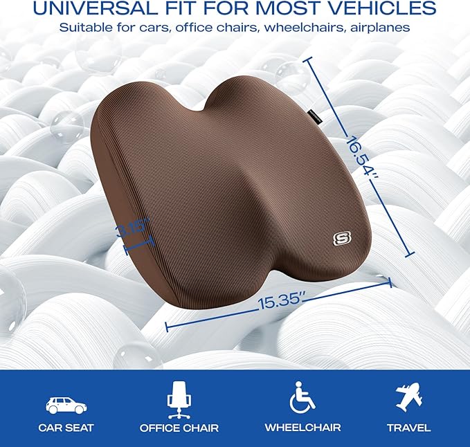 Skechers Seat Cushion, Ergonomic Memory Foam Cushion for Long Sitting Hours on Office & Home Chair, Car Seat Cushion for Sciatica, Coccyx Cushion,Brown