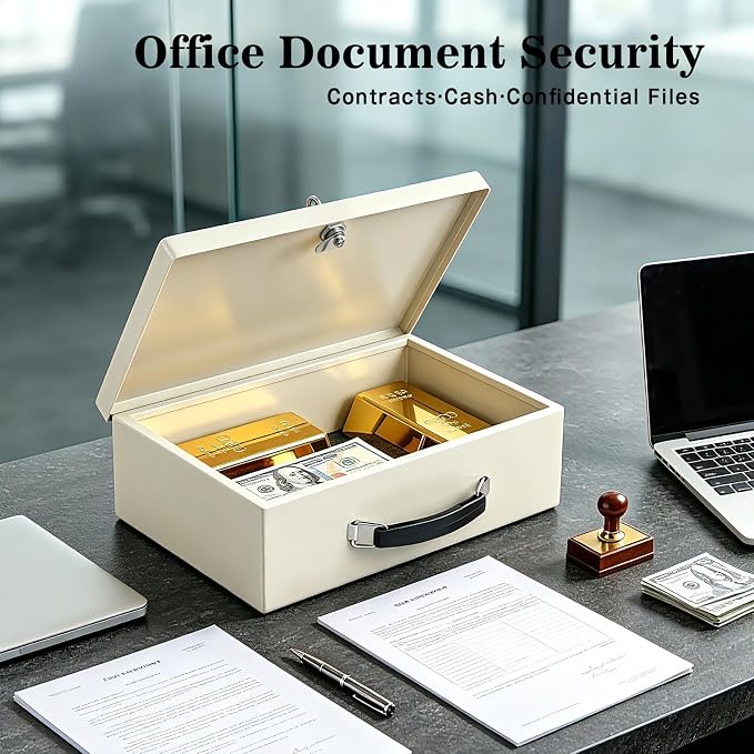 xydled Fireproof Document Box with Key Lock, Fire Safe Box, White | Fire and water resistant lock box for documents, passports, cash and valuables, keeping secure at home, 12.8 x 8.5 x 4.5 Inch