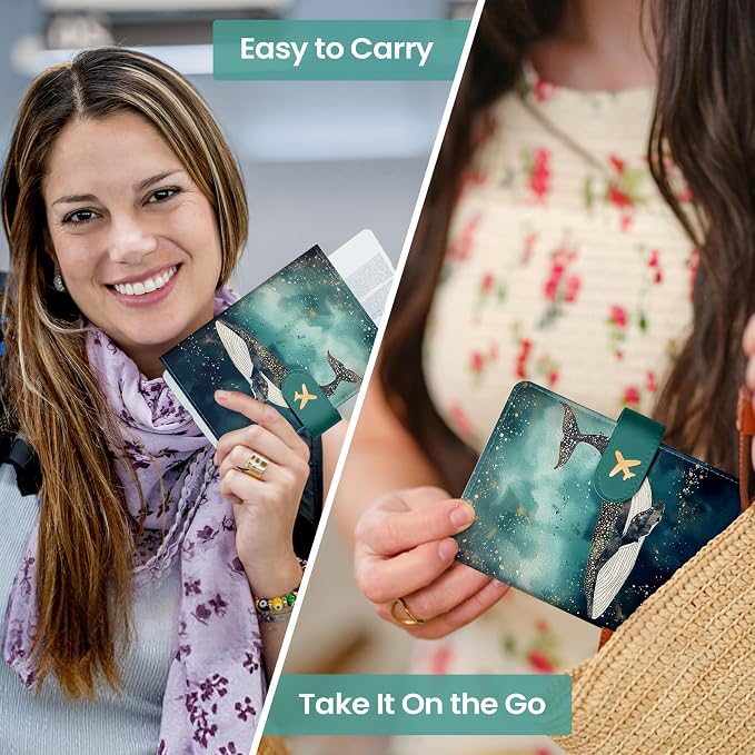 Passport Holder for Travel Essentials, RFID Blocking Leather Cover Wallet with Magnetic Closure, Aesthetic & Cute Passport Book Case for Women and Men - Whale, Upgraded with Money Pocket