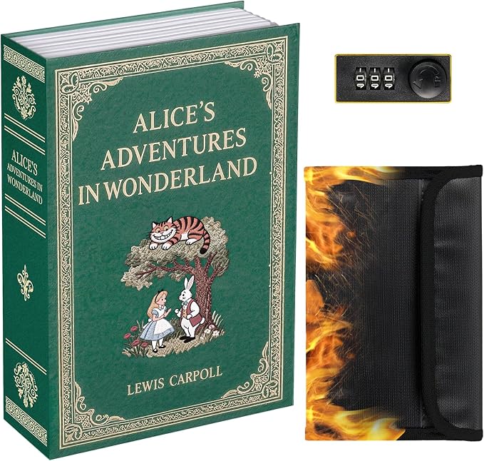 Book Safe with Combination Lock, Hidden Safe (9.5 x 6.2 x 2.2 Inch) with Fireproof Bag, Secret Diversion Safe, Hollow Book Box Hidden Storage, Money Safe Box for Cash (ALICE)