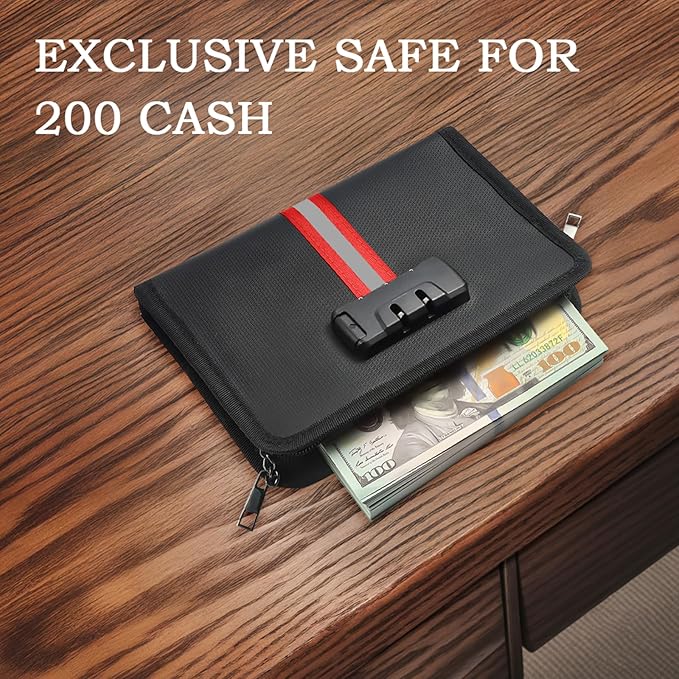 Fireproof Money Bag with Lock - 3600°F Fireproof & Waterproof Money Bag for Cash, 8"x5"x1.1" Password Lock Organizer Pouch for Valuables, Passports, Credit Cards, Home & Travel Security