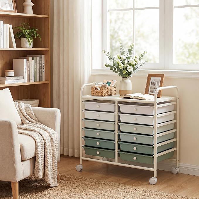 COSTWAY 12-Drawer Rolling Storage Cart, Utility Storage Organizer Cart | For Tools, Scrapbook, Paper, Craft, Multipurpose Art Supply on Wheels for Home Office School, Teacher, Green Gradient