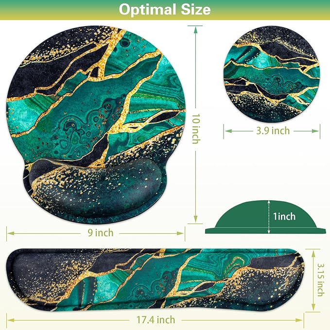 Mouse Pad Green with Wrist Rest Set, 3-in-1 Wrist Support Mousepad | Gaming Mat Pad with Anti-Skid Base,Ergonomic Mouse Pad ,Memory Foam Gel Wrist Rest for Computer Keyboard