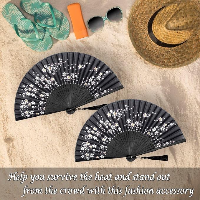 OMyTea Folding Hand Fan for Women - Foldable Chinese Japanese Vintage Bamboo Silk Fan - for Hot Flash, Church, Decoration, EDM, Music Festival, Dance, Party, Performance, Gift (Black Little Sakura)