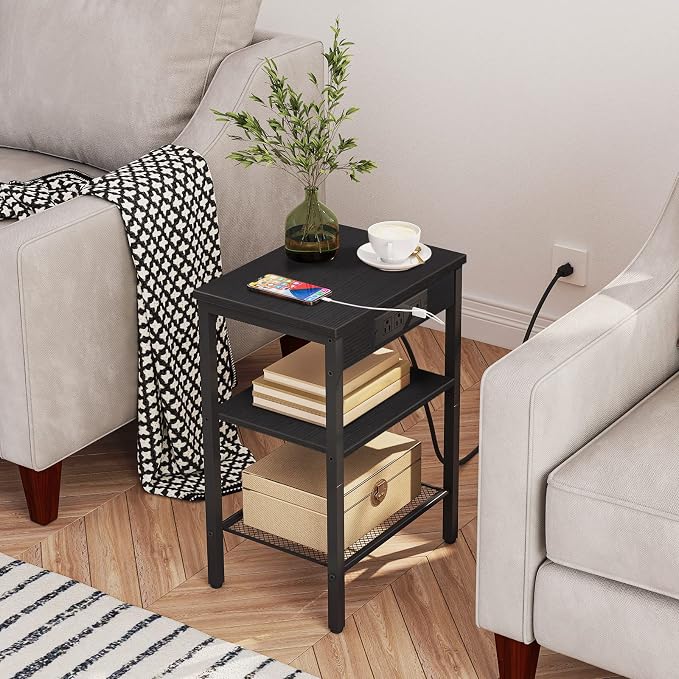 HOOBRO Side Tables Set of 2 with Charging Station and USB Port, Small End Tables for Small Space, 3-Tier Nightstands with Adjustable Shelf, for Living Room, Bedroom, Black BB112BZP201
