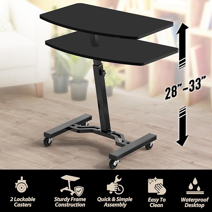 SHW Mobile Height Adjustable Laptop Rolling Cart w/Lockable Wheels, Black | Height Adjustable from 28" to 33"