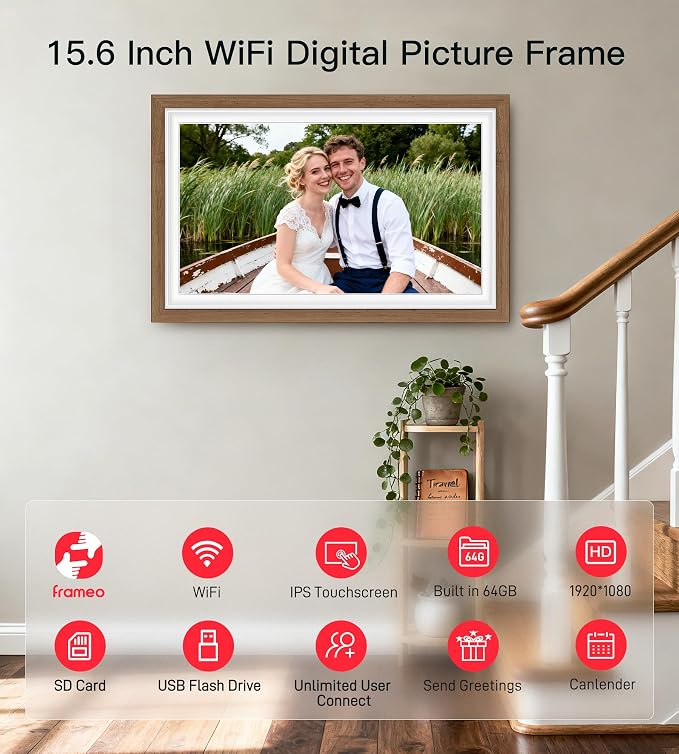 64GB Frameo 15.6" Digital Picture Frame Large 1920 x 1080 IPS FHD Touch Screen WiFi Electronic Photo Frames Share Moments Instantly Anywhere Best Gifts for Parents and Grandparents Solid Walnut