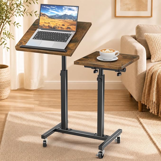 Elowen Rolling Laptop Desk with Wheels, Double-Pole Portable Overbed Table | Mobile Tilting Small Standing Desk, Large-Size Adjustable Height Computer Desk for Office Home Use