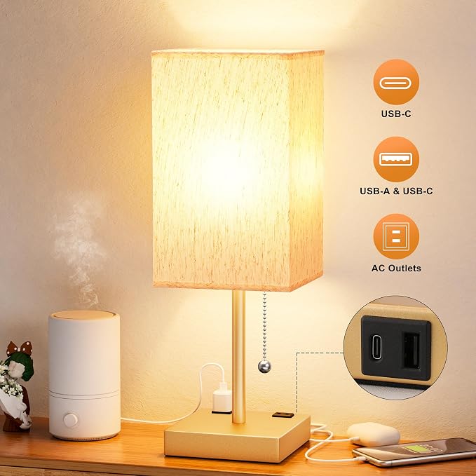 Gold Bedside Lamp for Bedroom - 3 Color Temperatures, USB A+C, 2 AC Outlets | Pull Chain Switch, LED Bulb Included, Cream Fabric Shade, 17.4" Table Lamp for Nightstand, Desk, Living Room, Office