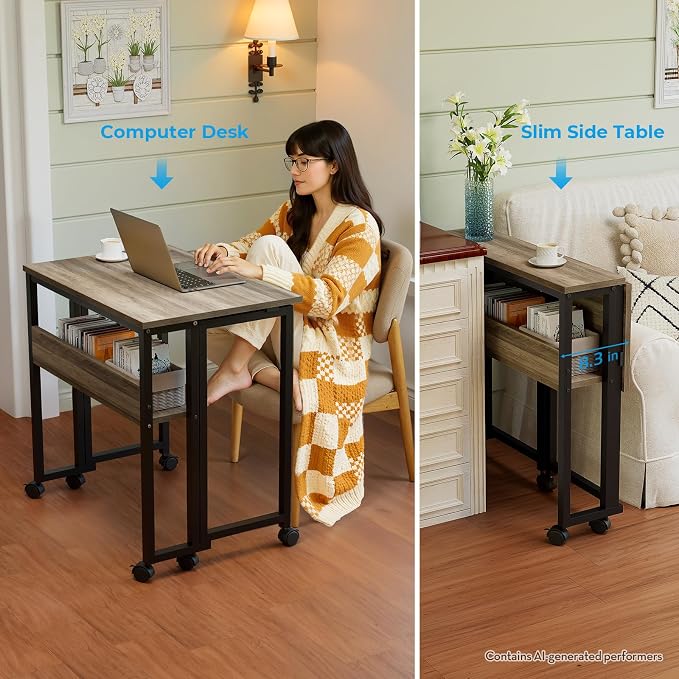 GreenForest Folding Desk with Wheels, 31.5" Rolling Table for Small Spaces | Storage Shelf, Lockable Casters, Compact Portable Workstation, Space-Saving Foldable Sofa Table, Home Office, Mobile, Grey
