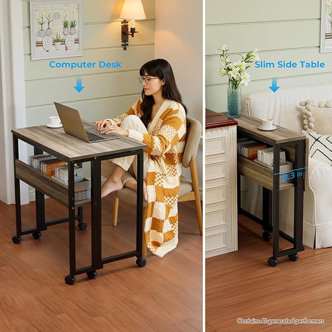 GreenForest Folding Desk with Wheels, 24.8" Rolling Table for Small Spaces | Storage Shelf, Lockable Casters, Compact Portable Workstation, Space-Saving Foldable Sofa Table, Home Office, Mobile, Grey