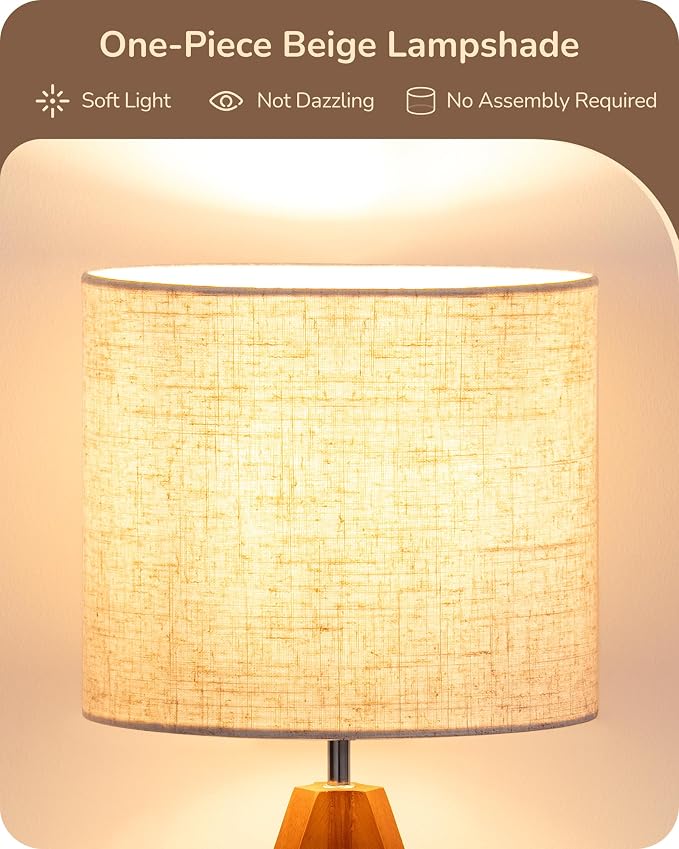 EDISHINE Tripod Table Lamp, Small Cute Bedside Lamp, 14.2 Inch, E26 Base | Light Brown Wooden Base, Linen Beige Lampshade, Nightstand Lamp for Nursery, Bedroom, Kid Room, Living Room
