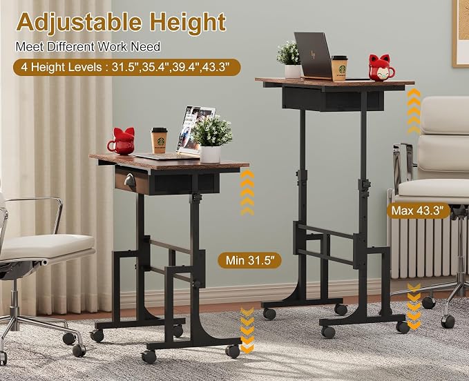 Adjustable Height Standing Desk With Drawer, Rolling Sit Stand Up Desk With Wheels, Small Sit To Stand Computer Desk, Adjustable Desktop Height, On Wheels, Brown, For Walking Pad Laptop Treadmill