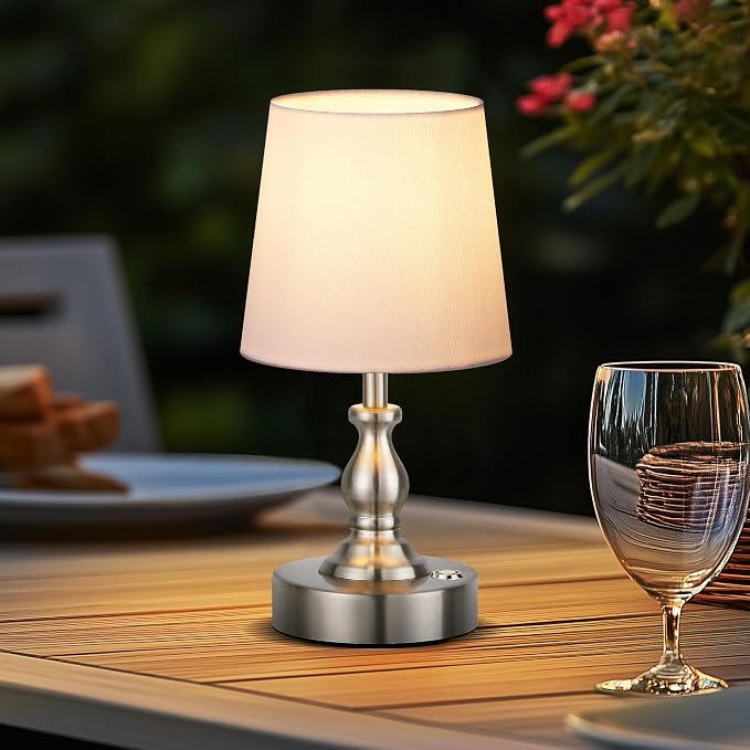 Mini Cordless LED Table Lamp, 5200mAh Rechargeable Battery Operated Lamp, 3-Level Brightness, Touch Dimmable Desk Lamp, Bedside Night Light for Patio Camping Restaurant Home, Brushed Nickel