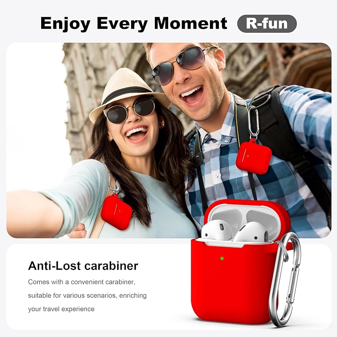 R-fun for AirPods 1/2 Case, Soft Silicone Protective Cover with Keychain and Cleaning Pen, Compatible with AirPods 2nd/1st Generation (2016/2019), Full Drop Protection Cover, Red