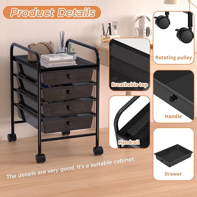 4 Tier Utility Rolling Cart with 4 Drawers Multipurpose Rolling Storage Cart with Wheels and Handles for Office Classroom Kitchen Bathroom Bedroom Organization Black