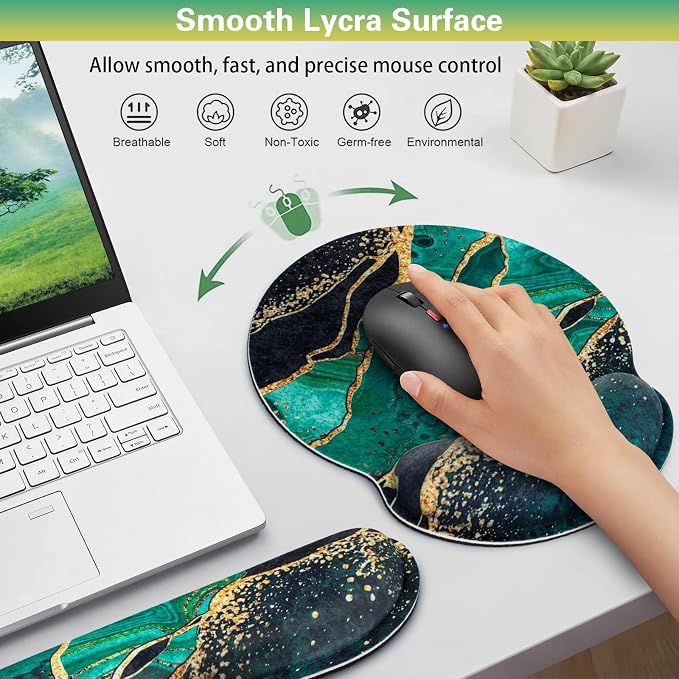 Mouse Pad Green with Wrist Rest Set, 3-in-1 Wrist Support Mousepad | Gaming Mat Pad with Anti-Skid Base,Ergonomic Mouse Pad ,Memory Foam Gel Wrist Rest for Computer Keyboard