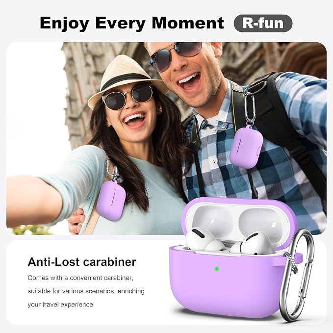 R-fun for AirPods Pro 2 Case, Soft Silicone Protective Cover with Keychain and Cleaning Pen, Compatible with AirPods Pro 2nd/1st Generation, Supports Wireless Charging, Lavender