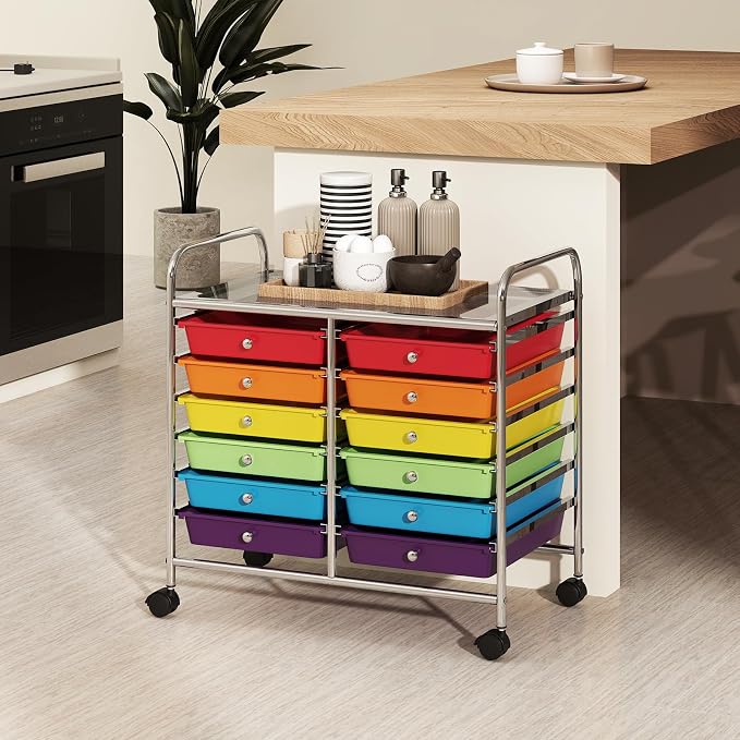 RELAX4LIFE 12-Drawer Rolling Storage Cart Mobile Craft Organizer Colorful | 24.5" Size, 4 Rolling Casters, Metal Frame, For School Teacher Office Salon Art File Supplies